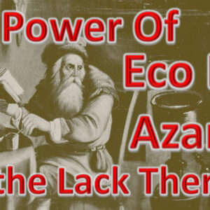 an alchemist looking over his shoulder at a red letters eko eko azarak with the power of above and or the lack thereof below