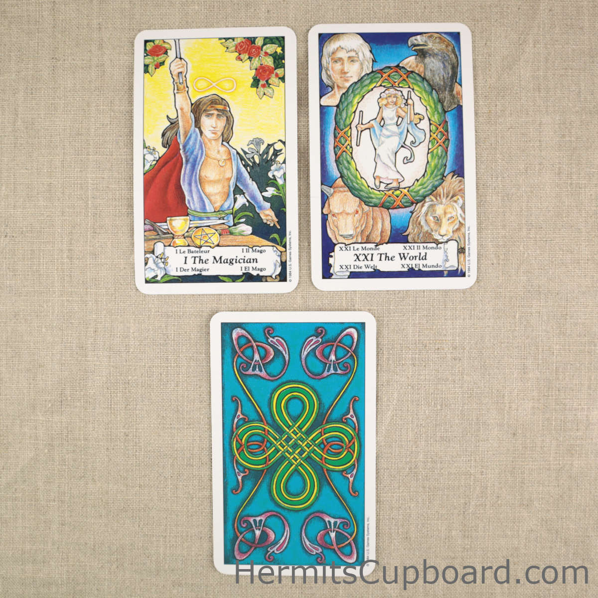 Hanson-Roberts Tarot magician card, world card, and back of card design