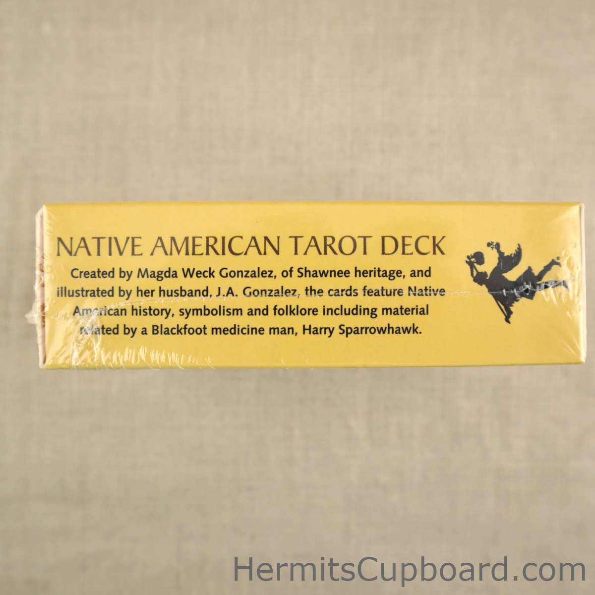 Native American Tarot deck side of box which says Created by Magda Weck Gonzalez, of Shawnee Heritage, and illustrated by her husband J. A. Gonzalez, The cards feature Native American history, symbolism and folklore including material relayed by a Blackfoot medicine man, Harry Sparrowhawk.