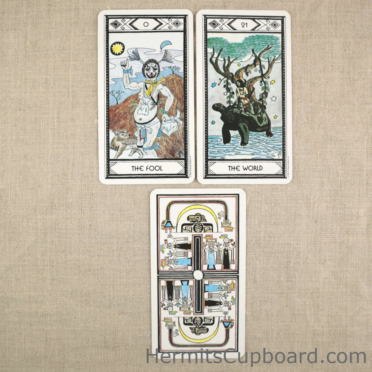 Native American Tarot deck fool card, world card, and back of card decoration.