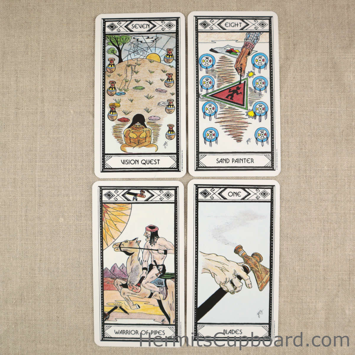 Native American Tarot deck seven of cups warrior vision card, eight of wheels sand painter card, ace of blades and warrior of pipes card
