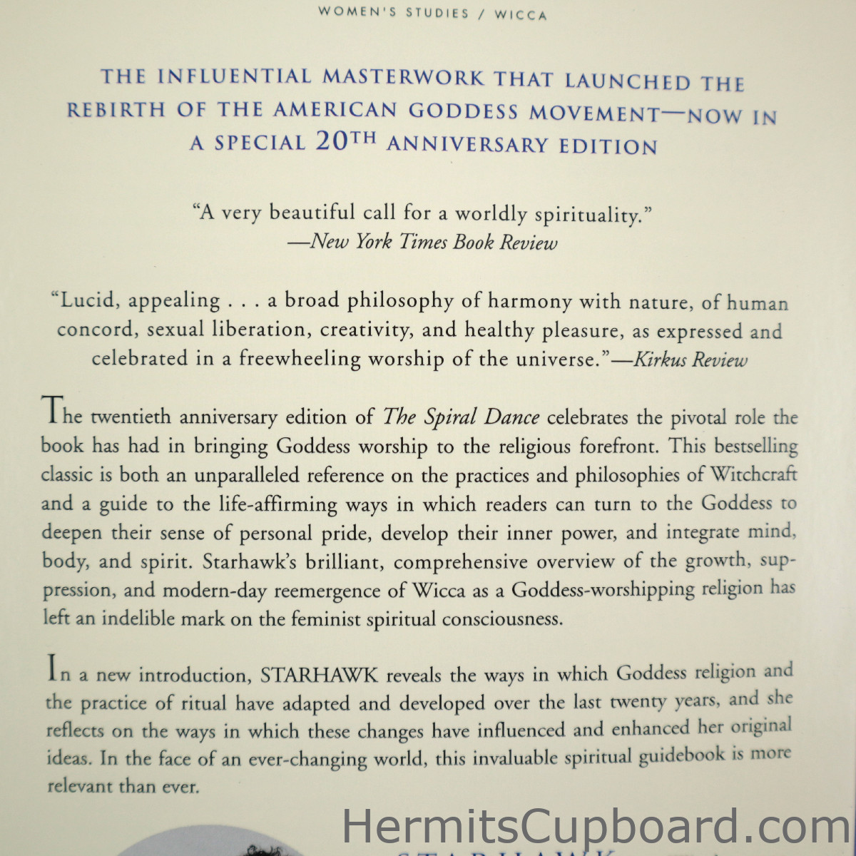 The Spiral Dance: A rebirth of the ancient religion of the great Goddess by Starhawk book back cover top close-up