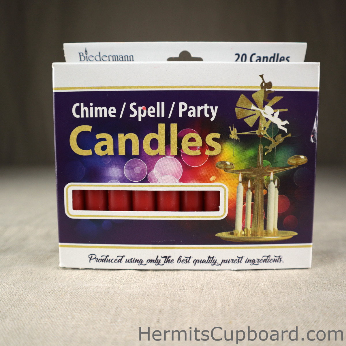 Red Chime Candle Box front with Red candles showing through a cut-out